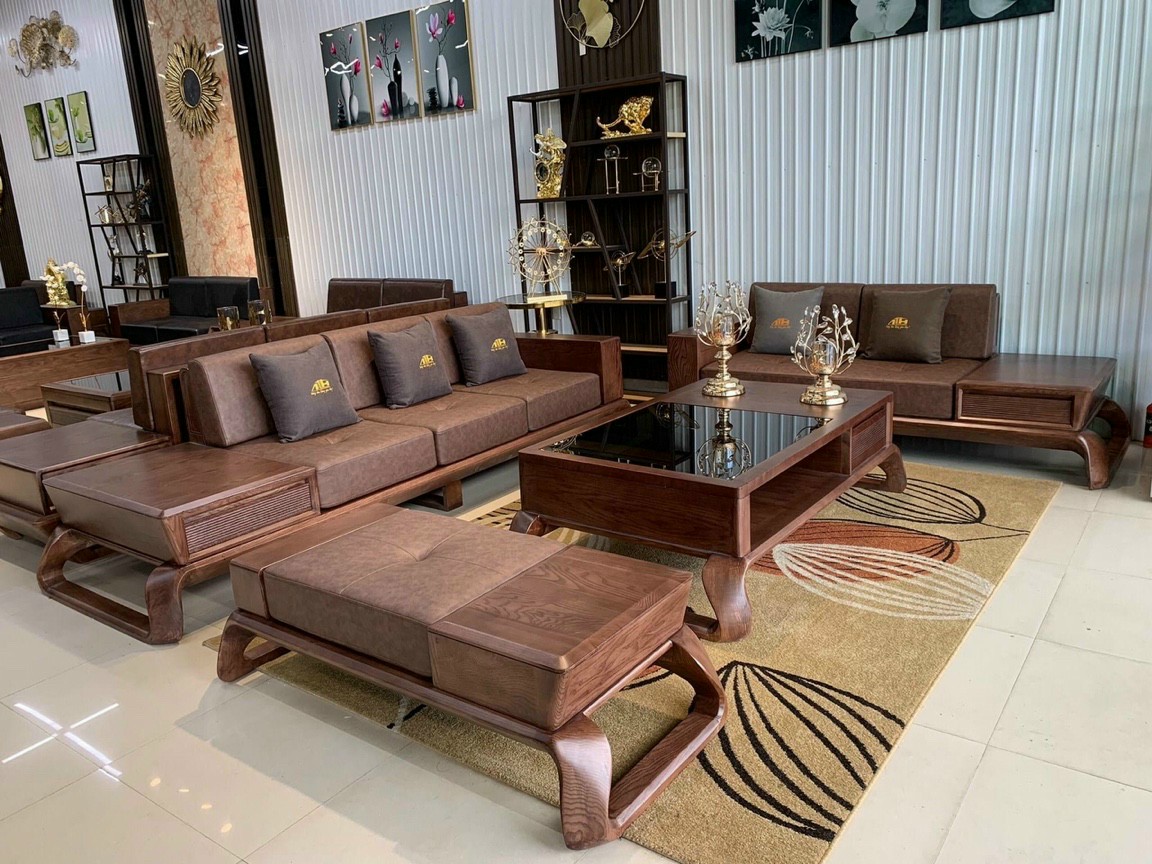 Sofa gỗ phòng khách 2 văng chân xoắn gỗ sồi lau màu óc chó